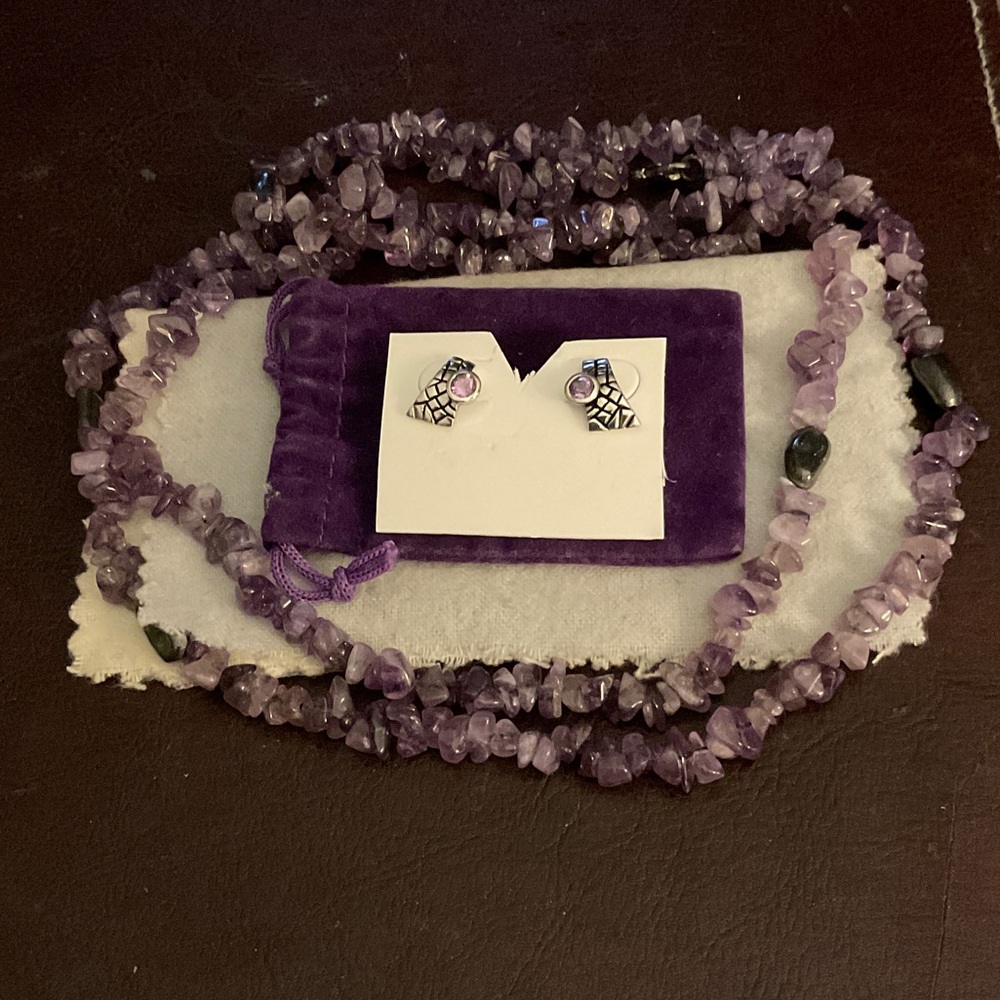 925 Silver Amethyst Earrings and Amethyst Chip Necklace- Women Jewelry